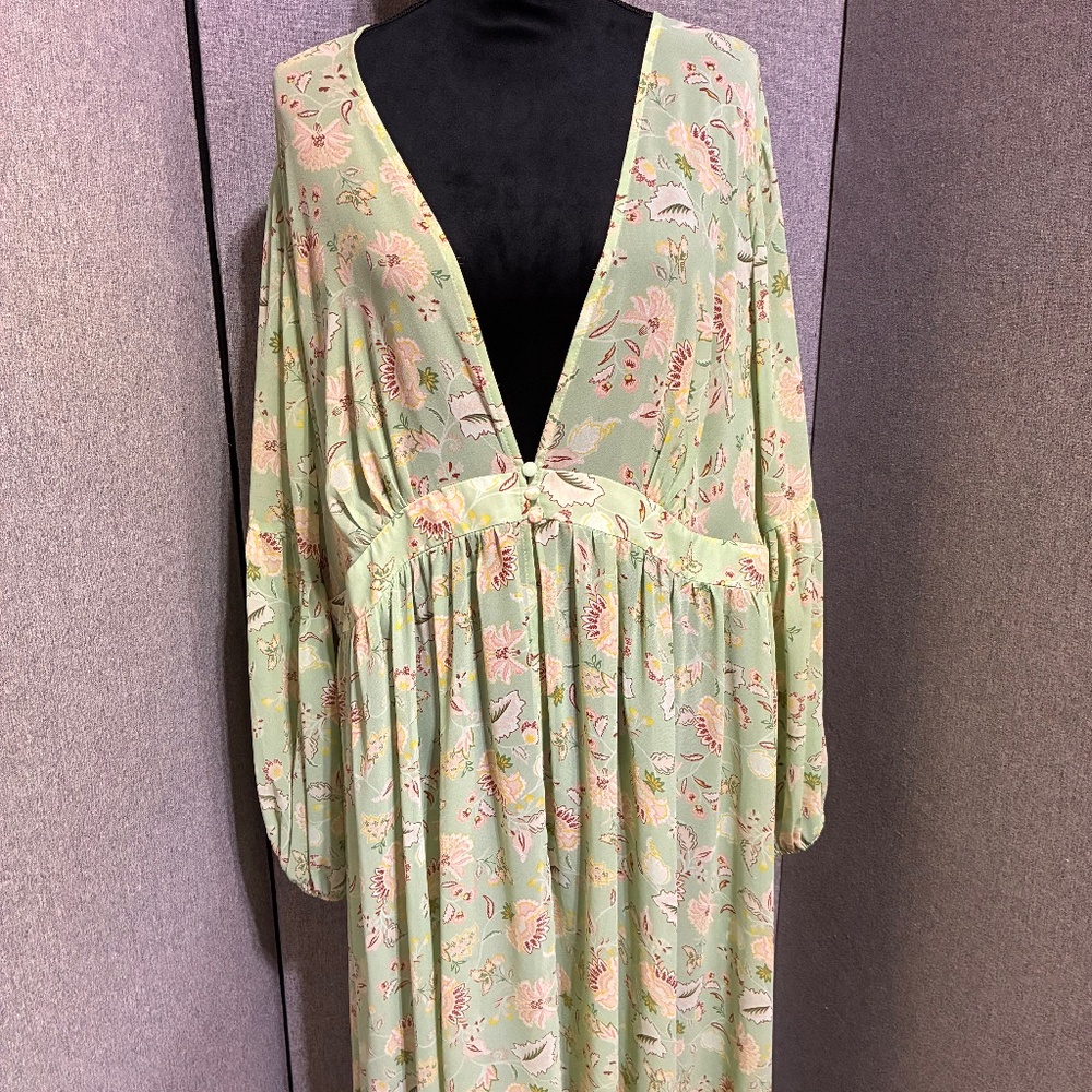 Pastel Green Floral Print Long Sleeve Maxi Dress with De